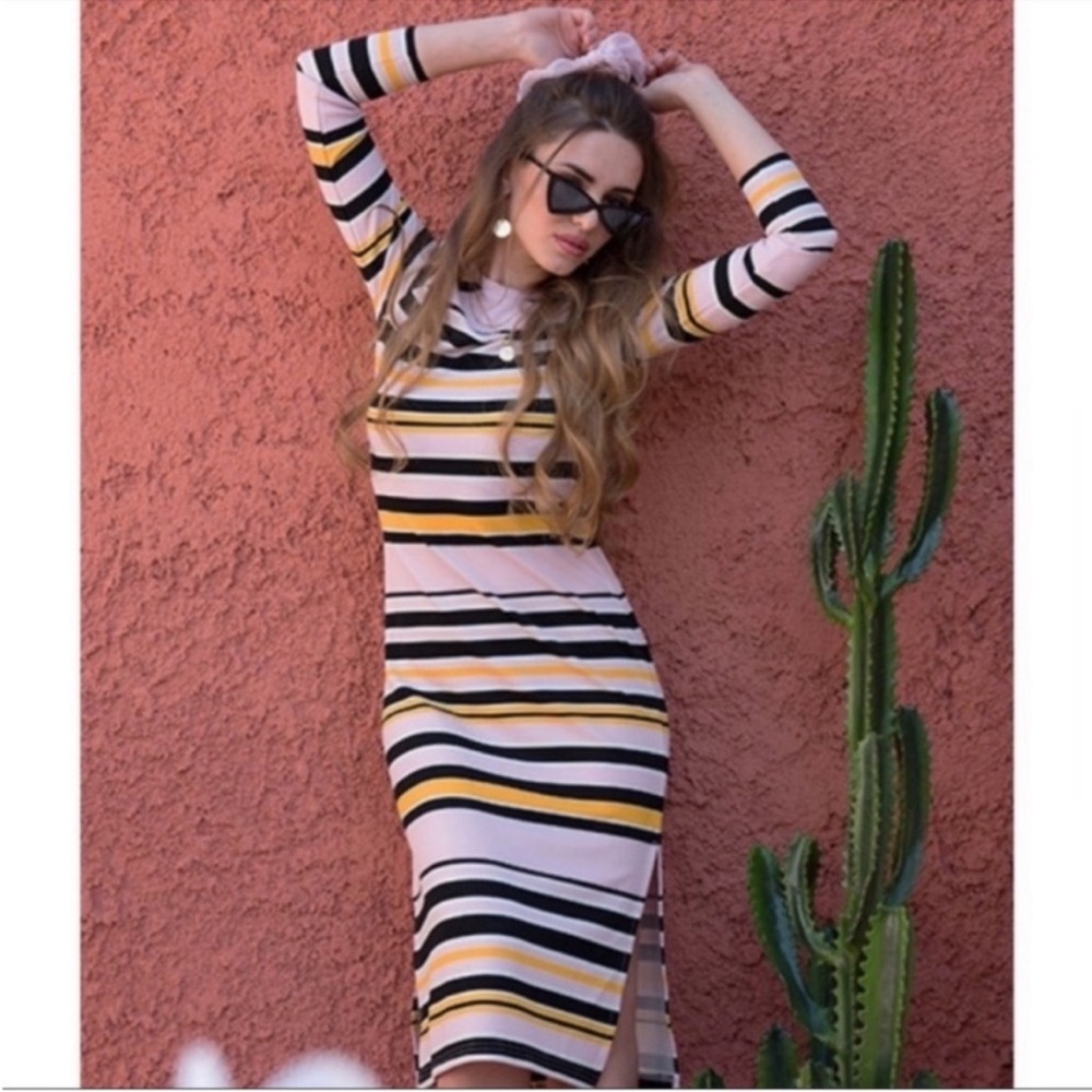 NWT Noisy May Pink & Black Stripe Crew Neck Dress
